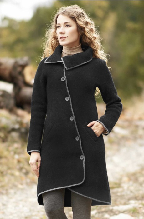 Damen Mantel ASI gewalkt aus Alpaka-Wolle mit Umlege-Kragen schwarz-grau