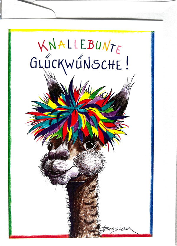 Knallbunte Glückwünsche - Alpaka Grußkarte von Heidemarie Brosien